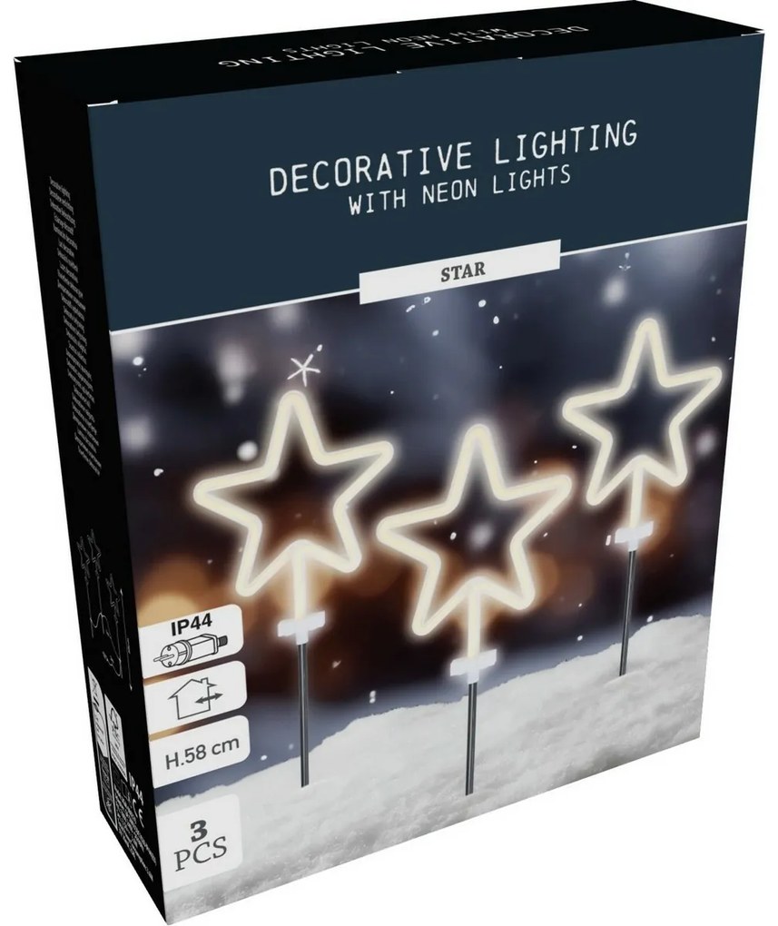 Karácsonyi LED kültéri világítás Neon csillag, 3db, magasság 58 cm
