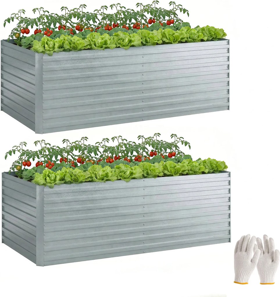Outsunny 2 db horganyzott acél magaságy 180 × 90 × 60 cm — mély, négyszögletes, nyitott aljú virágládák támasztórudakkal, kesztyűvel — ezüst | Aosom
