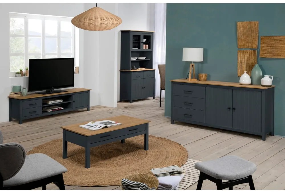 Sötétkék borovi fenyő alacsony komód 150x80 cm Miranda – Marckeric
