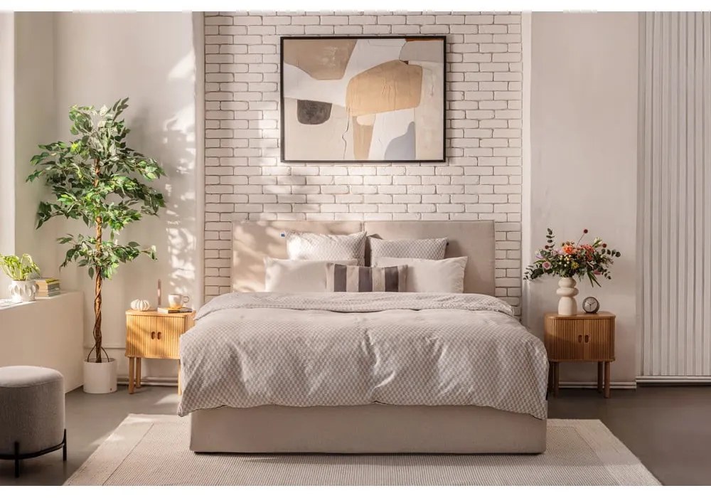 Bézs kárpitozott ágyneműtartós franciaágy ágyráccsal 180x200 cm Thessa Bold – Bonami Selection