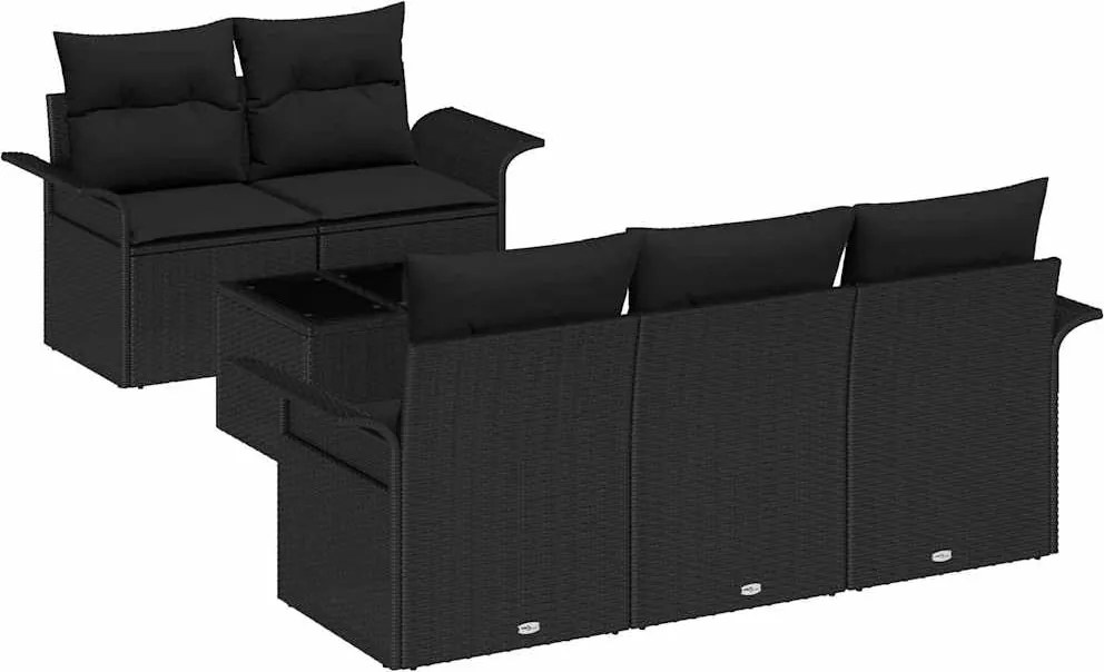 vidaXL Kerti Kanapé Szett 6 pcs Fekete Poli rattan és acél és üveg