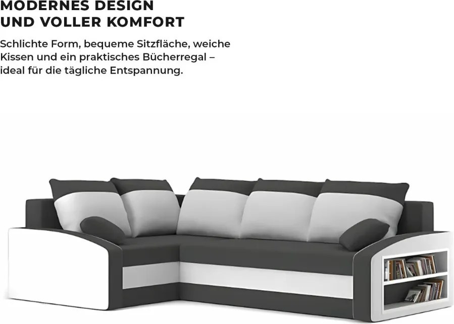 Grande sarokkanapé polcokkal , polc a jobb karfaban, baloldali, szövet anyag, bonell töltet, szürke - fehér