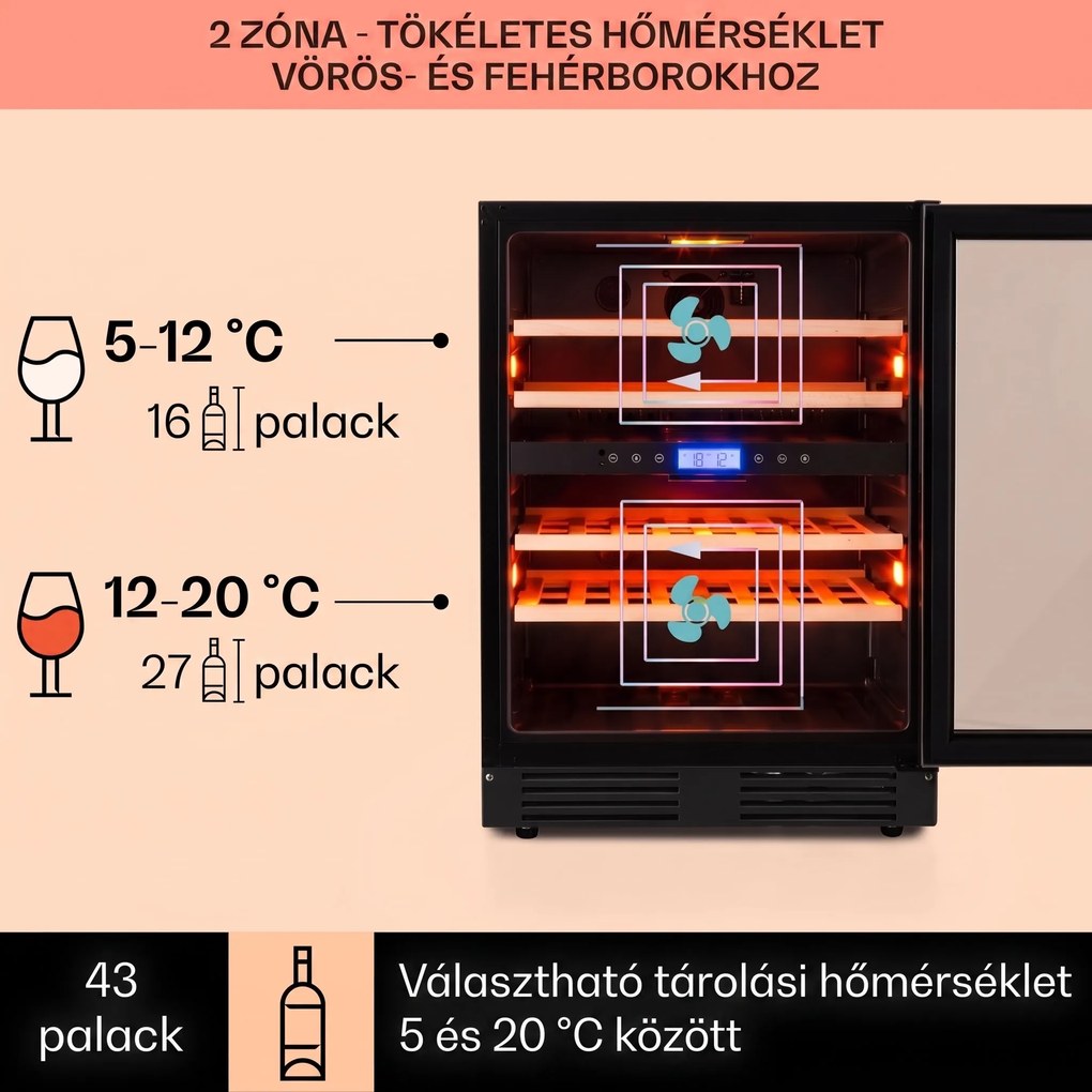 Klarstein Vinovilla Onyx 43, kétzónás borhűtő, 129 liter, 43 palack, 3 színű LED világítás
