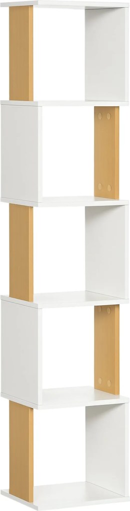 HOMCOM S-alakú könyvespolc 5 nyitott polccal nappaliba, irodába és tanulószobába – 100 kg teherbírás – 33x28x161 cm – Fehér | Aosom