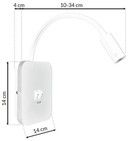 Hajlítható fali lámpa USB-porttal, BASE LED/8W + LED/2W/230V, fehér