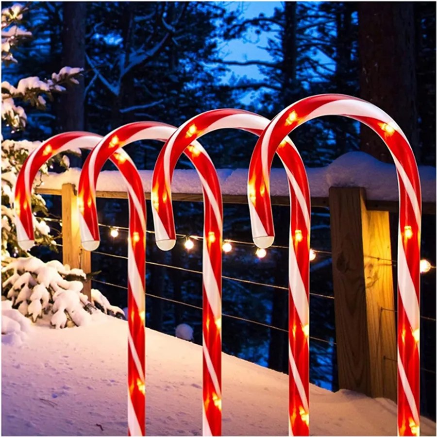 4 db-os XXL méretű "candy cane" világító cukorka sétapálca lámpa szett, elemes, 32 LED, 74 cm