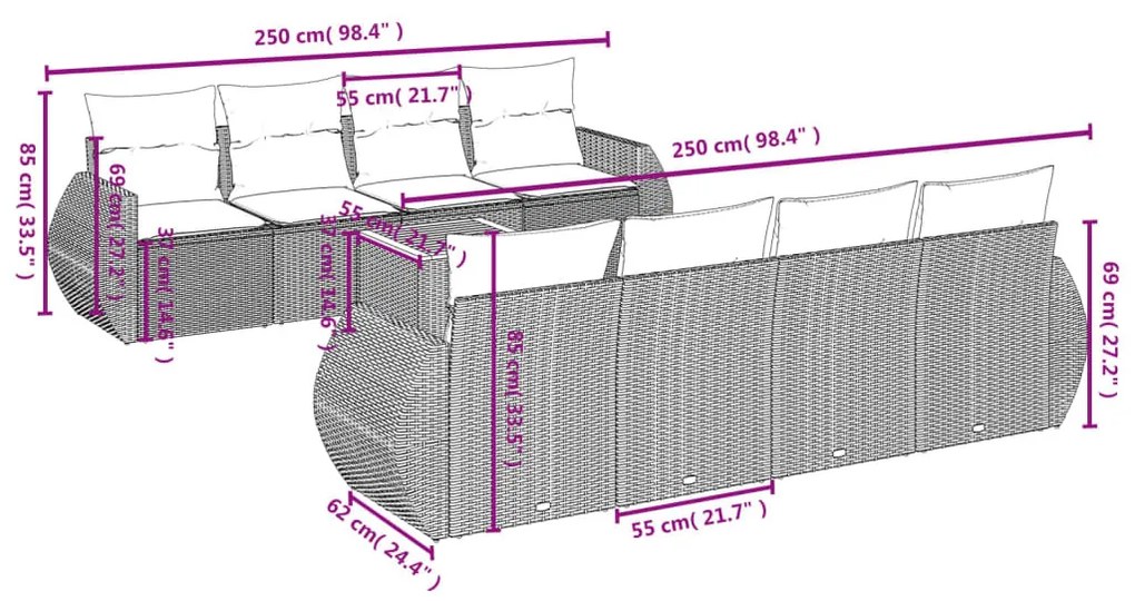 9 részes fekete polyrattan kerti ülőgarnitúra párnákkal