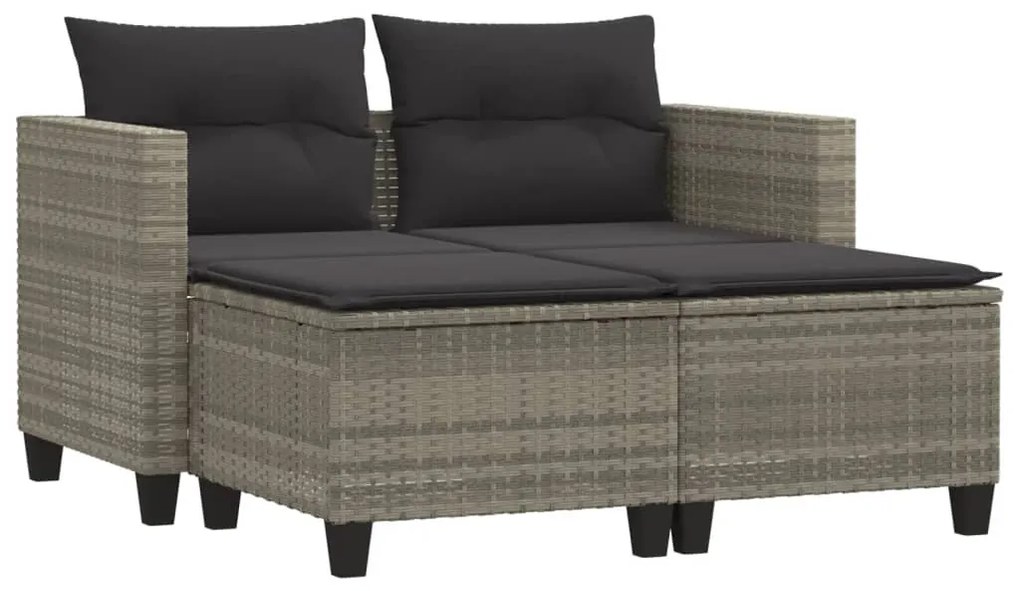 2 személyes világosszürke polyrattan kerti kanapé zsámolyokkal