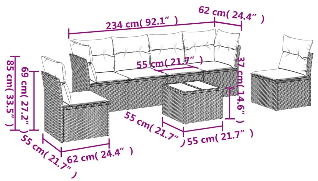 7 részes szürke polyrattan kerti ülőgarnitúra párnákkal