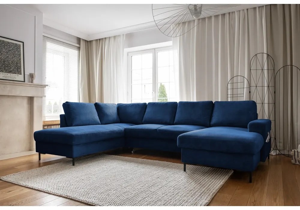 Sötétkék kordbársony kinyitható sarokkanapé (bal oldali) Lofty Lilly – Miuform