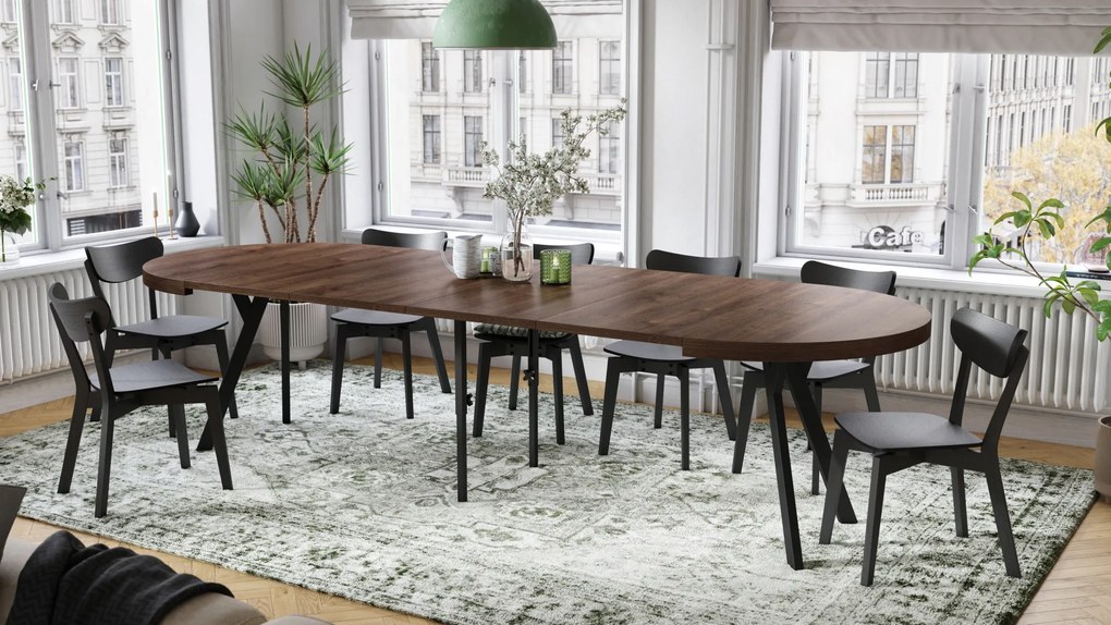 Mazzoni VITO Barna Tölgy/fekete lábak - LOFT/IPARI STÍLUSÚ 310 cm-re BŐVÍTHETŐ NAGY KEREK ASZTAL Ø110 Y LÁBAKKAL