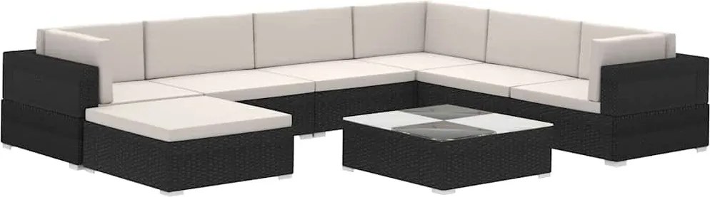 8-részes fekete polyrattan kerti bútorszett párnákkal