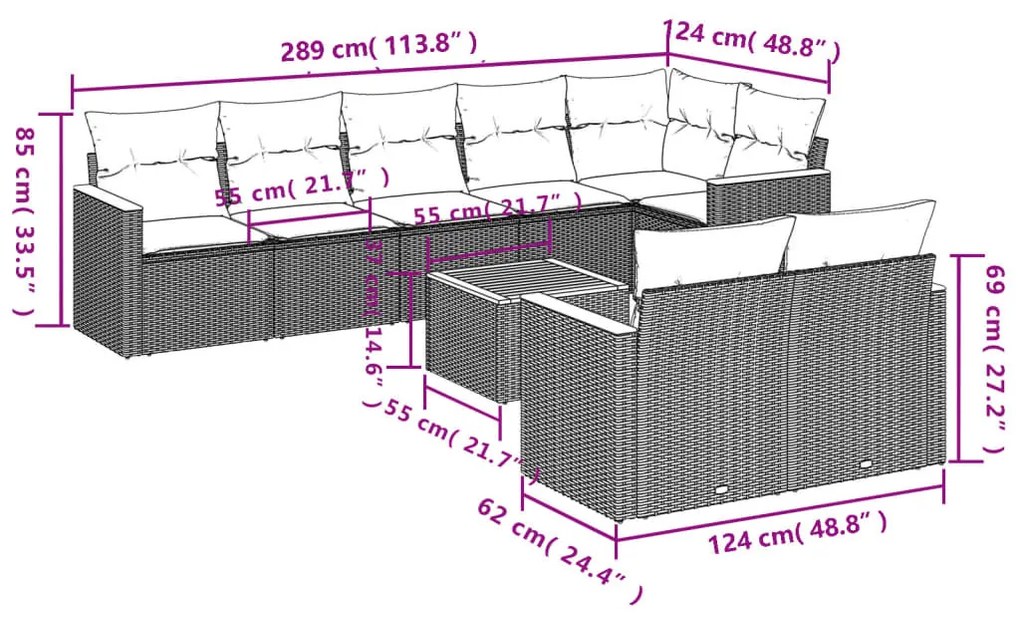 9 részes szürke polyrattan kerti ülőgarnitúra párnákkal
