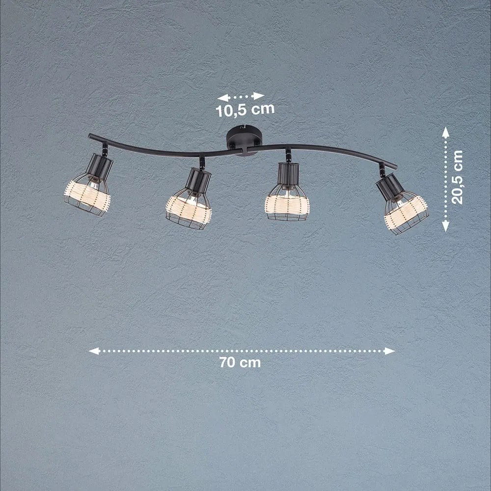 Fekete mennyezeti lámpa fém-rattan búrával 10,5x70 cm Straw – Fischer &amp; Honsel