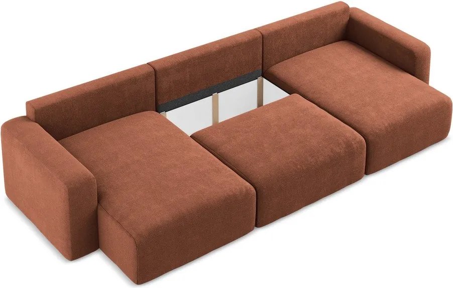 Terrakotta színű zsenília kinyitható-tárolóhelyes (U alakú) sarokkanapé Kona – Makamii