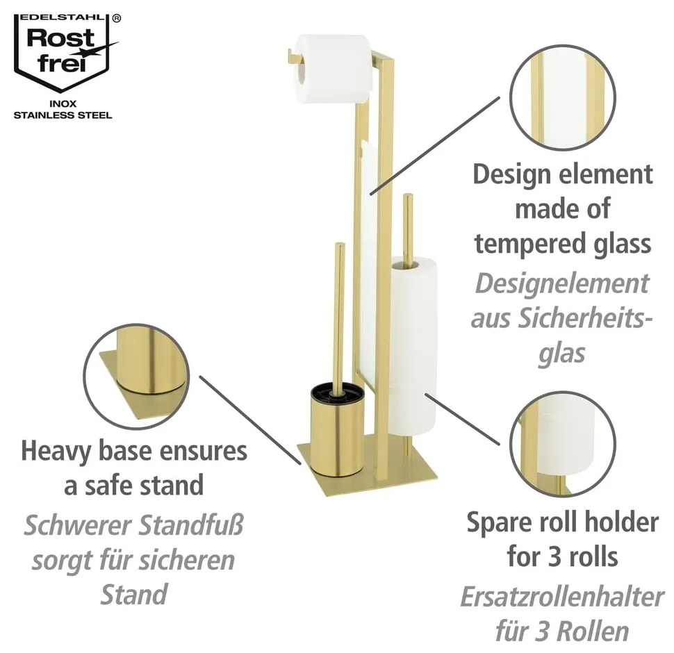 Aranyszínű rozsdamentes acél WC-papír tartó állvány kefével Rivalta – Wenko