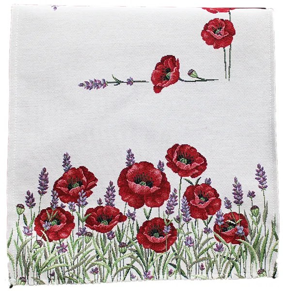 Pipacsos, levendulás gépi gobelin asztali futó, 44x140 cm