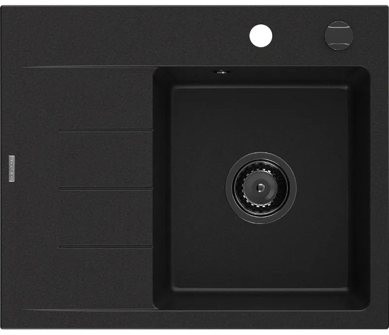 Mexen Ben gránit mosogató 1-medencés csepegtetővel, jobbos 600 x 500 mm, fekete, fekete szifon - 6523605000-77-B