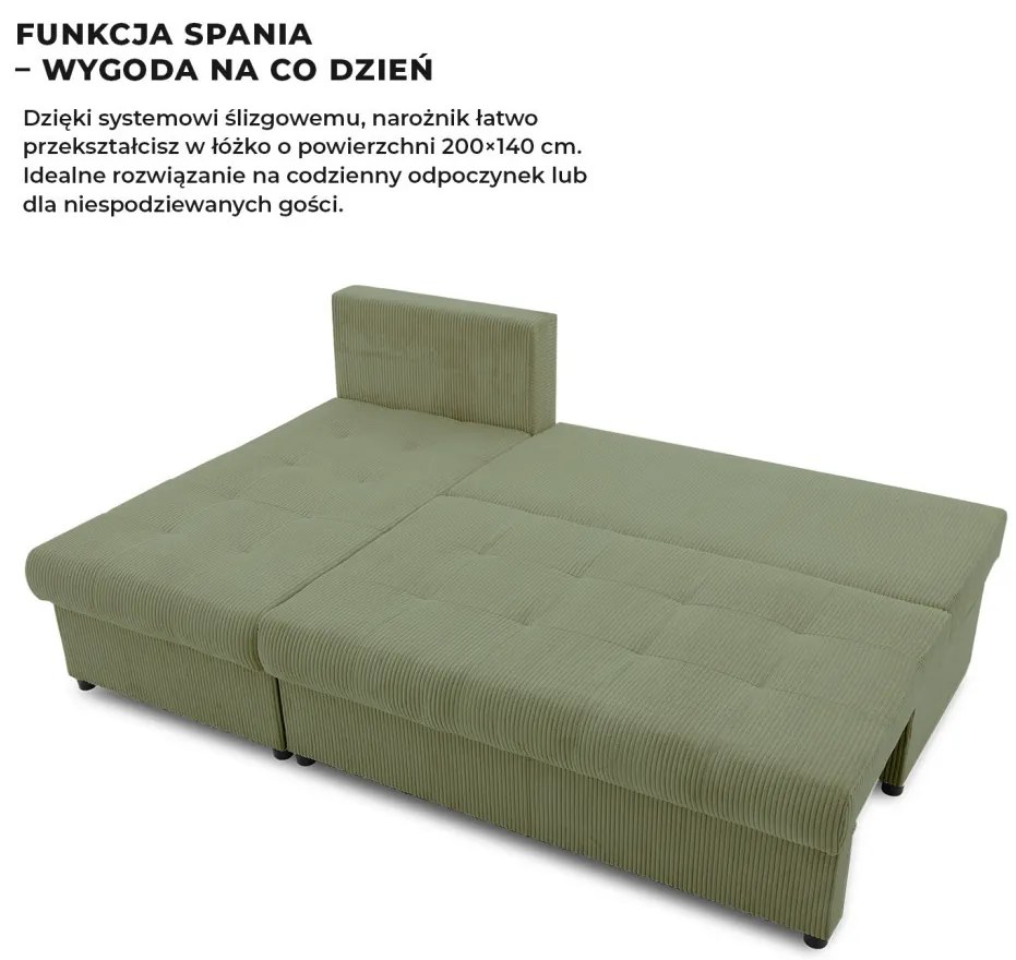 Venezia sarokkanapé, kordbársony, univerzális oldal, hab töltet, zöld