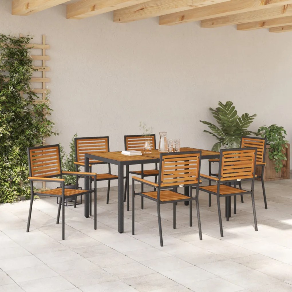 7 Darabos Kerti Étkezőszett Fekete Poly Rattan Akácia, Összecsukható Kerti Székek Párnákkal 2 db Fekete Poly Rattan
