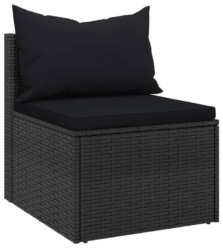 2 db fekete polyrattan kerti középső kanapé párnákkal