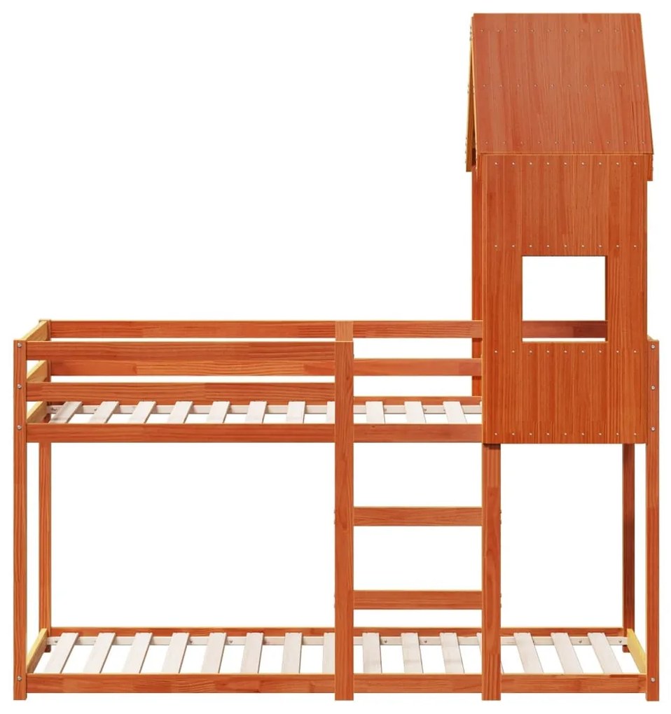 viaszbarna tömör fenyőfa ágy emelettel és tetővel 75 x 190 cm