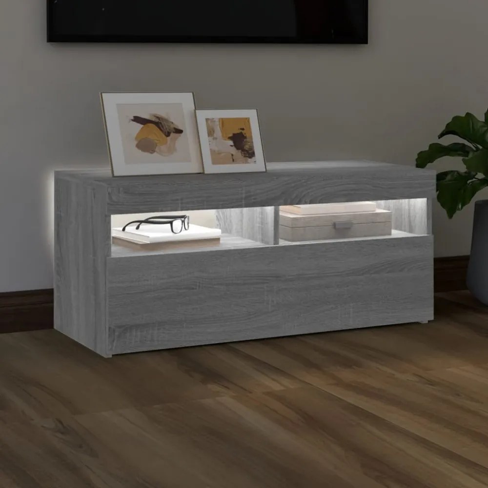 szürke sonoma színű TV-szekrény LED-világítással 90x35x40 cm