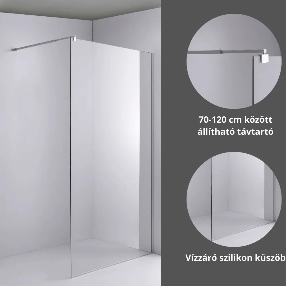 Stuxi Milano Walk-in zuhanyfal, 110x200 cm, 8 mm vastag vízlepergető biztonsági üveggel, króm profillal és távtartóval