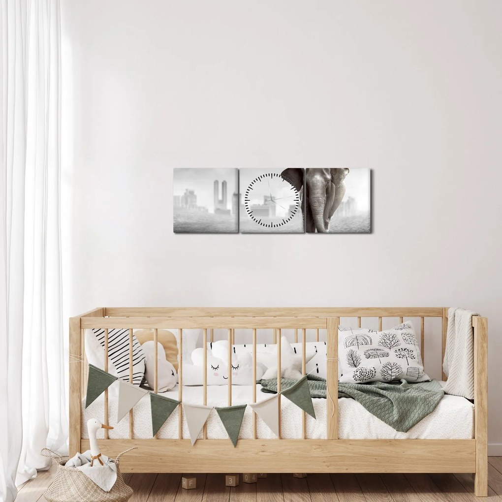 Kép -Elefánt egy nagyvárosban, fekete-fehér változat (órával) (90x30 cm)