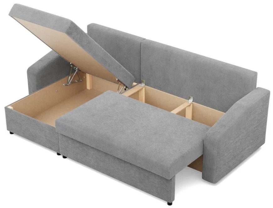 Zeus sarokkanapé, 2 ágyneműtartóval, döntött kartámasz, kordbársony, univerzális oldal, bonell töltet, szürke