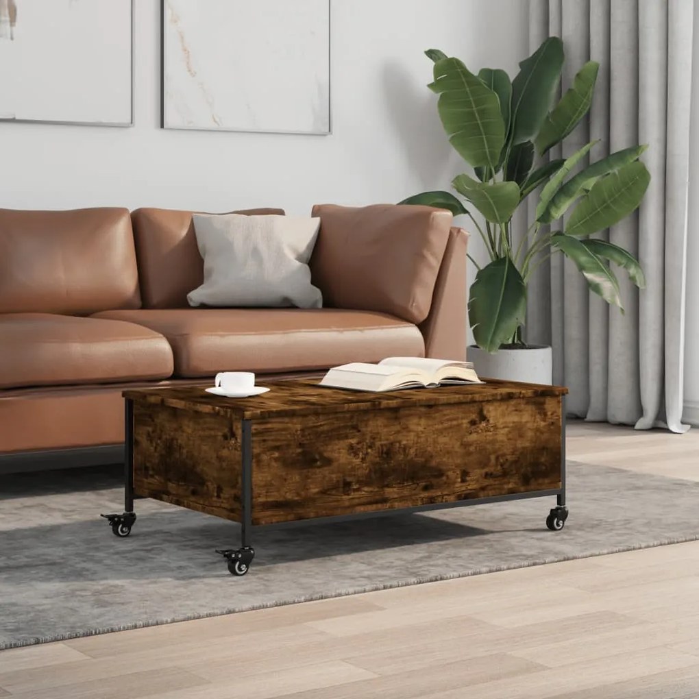 Füstös tölgy szerelt fa dohányzóasztal kerekekkel 91x55x34 cm