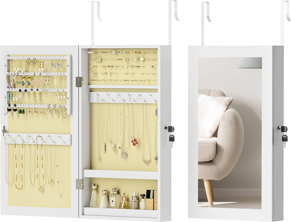 HOMCOM Falra Szerelhető Ékszertükrös Szekrény Zárral és Több Rekesszel - Fehér és Krém Béléssel | Aosom