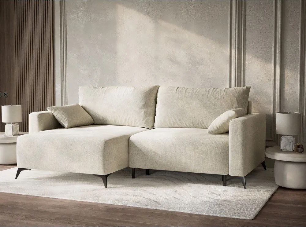 Krémszínű zsenília kinyitható-tárolóhelyes sarokkanapé (bal oldali-heverő résszel) Leon – Maison de Rêve