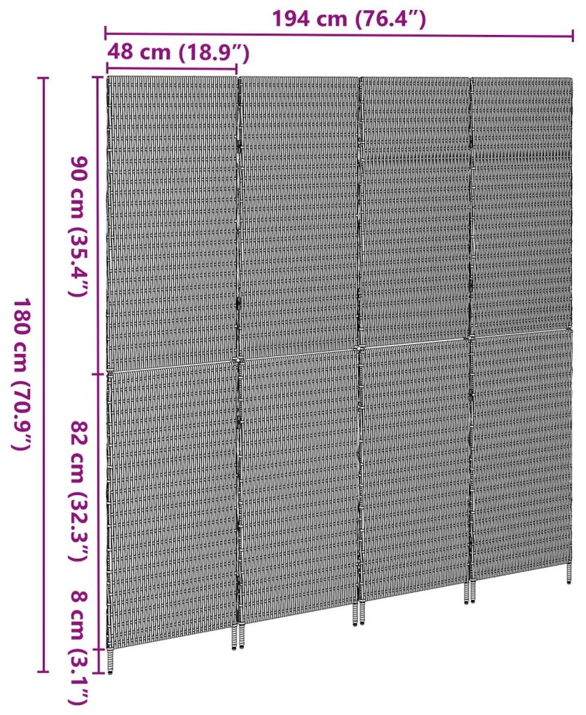 Szobai Elválasztó 4 Paneles Összecsukható Barna 195x180 cm Poli Rattan