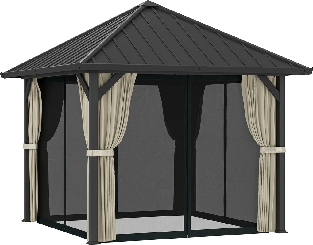 Outsunny Pavilon Terasszal, kb. 3x3m Vízálló Stabil Télálló Kerti Pavilon Fekete Szúnyoghálóval, Oldalfalakkal, Fém Kerti Pavilon, Teraszra | Aosom