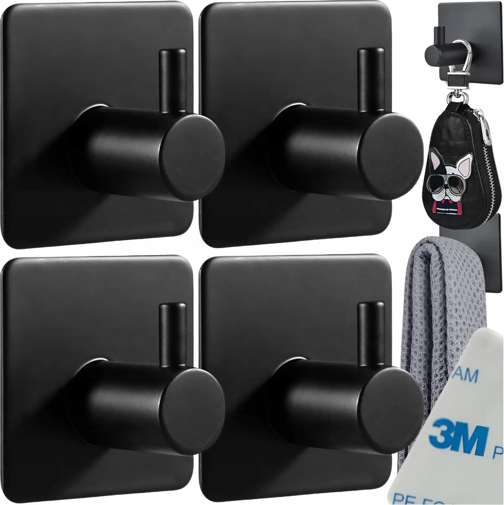 4X Akasztó Fogantyú Öntapadós Akasztók Törölköző Loft Fekete Szalag
