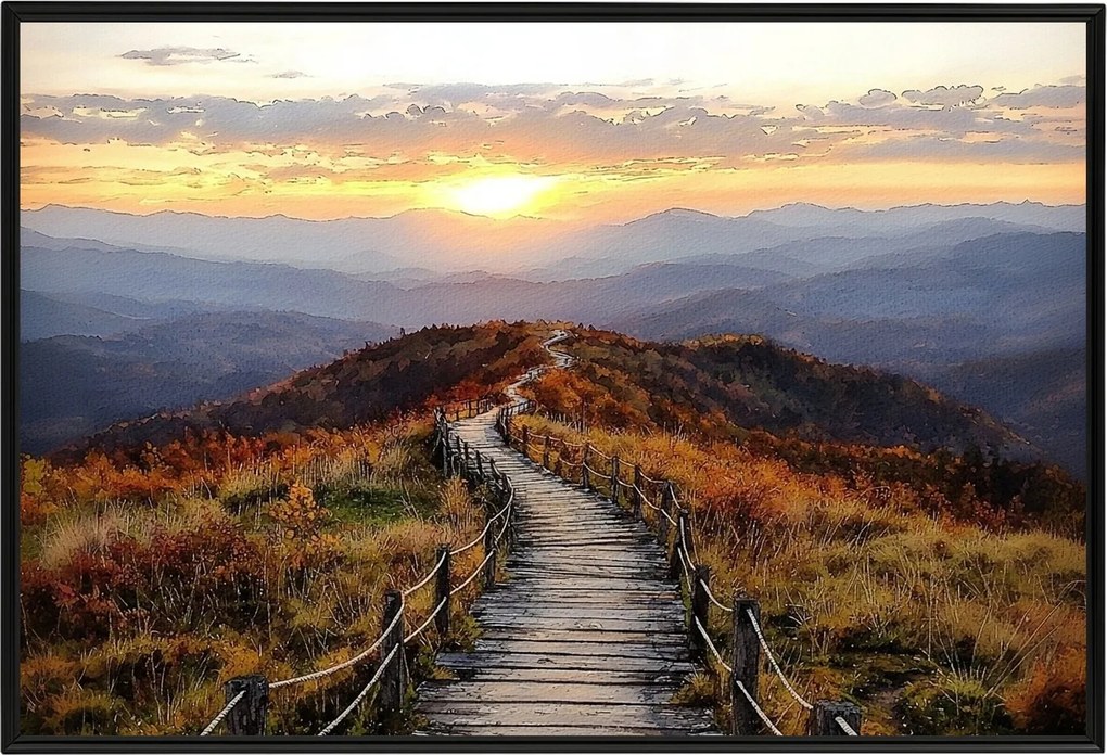 Poszter Keret Alumínium Ösvény Hegyek Naplemente Ősz Tájkép 60x40