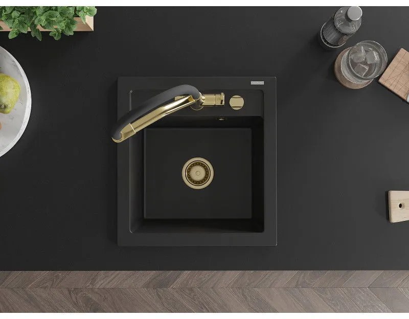 Mexen Vito, 1 kamrás gránit mosogató 520x490x210 mm, Duo mosogató csaptelep, fekete, 6503-77-671701-57-G