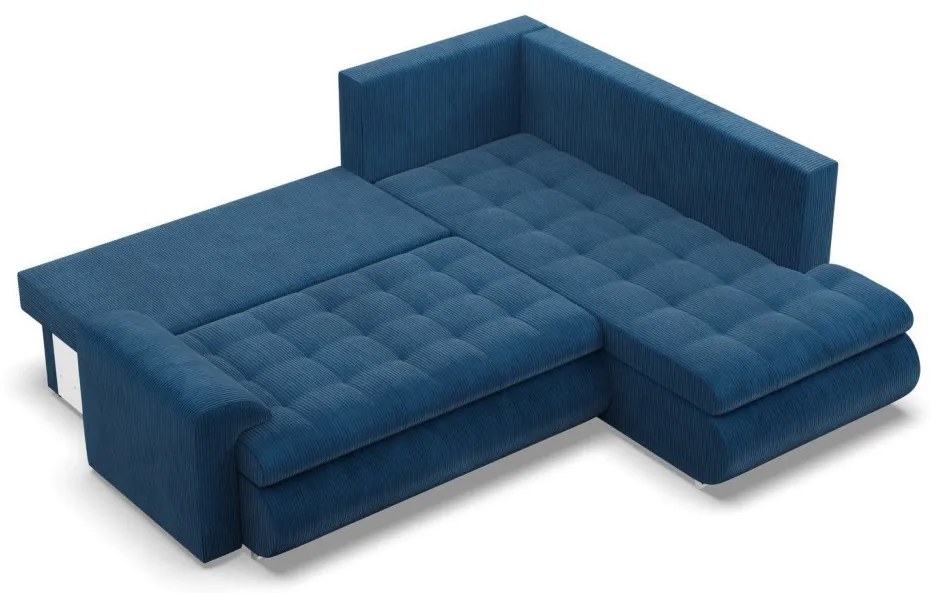Tokio sarokkanapé, L alakú háttámlával, 2 ágyneműtartóval, kordbársony, jobboldali, kék