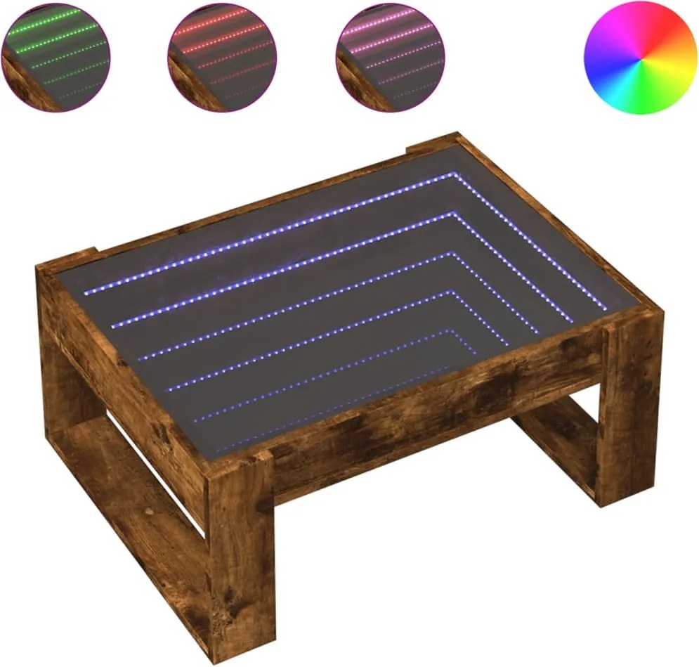vidaXL füstös tölgy végtelen hatású LED-es dohányzóasztal 70x53x30 cm