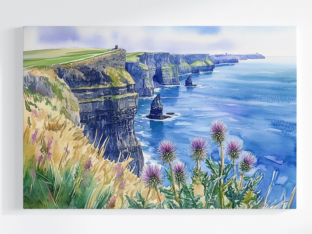 Vászonkép Canvas Akvarell Sziklák Mohair Írország Tenger Rét 120x80