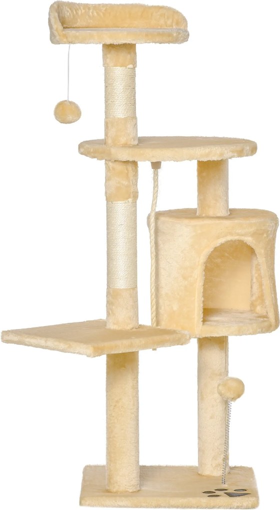 PawHut Macska Karpátka Nagy Platformokkal, Kunyhókkal és Játék Gömbökkel 114cm Bélyegzett Bézs Plüssben | Aosom