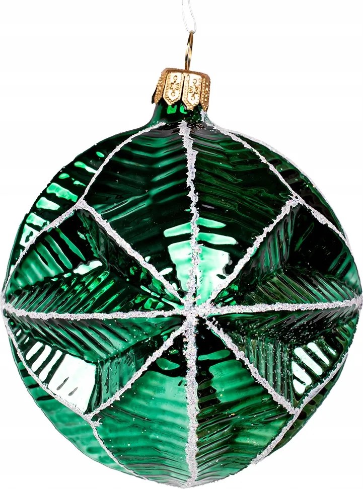 Retro zöld üveg lámpabúra karácsonyi gömb, kézzel díszített, 9 cm