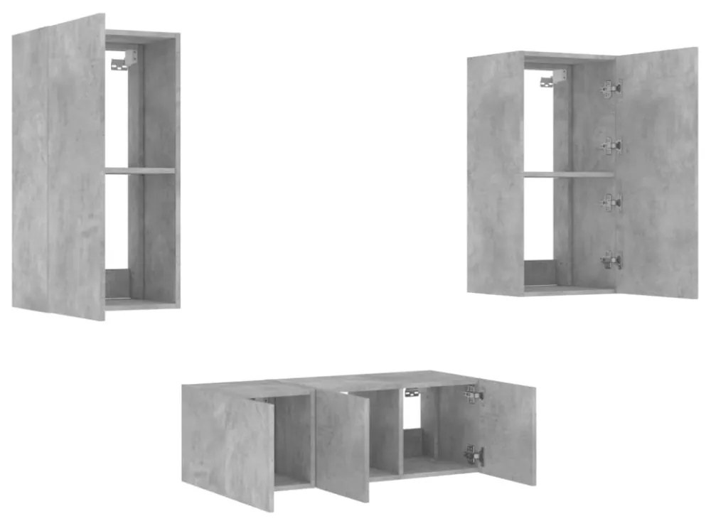 vidaXL 4 darab betonszürke szerelt fa fali TV-bútor LED-del