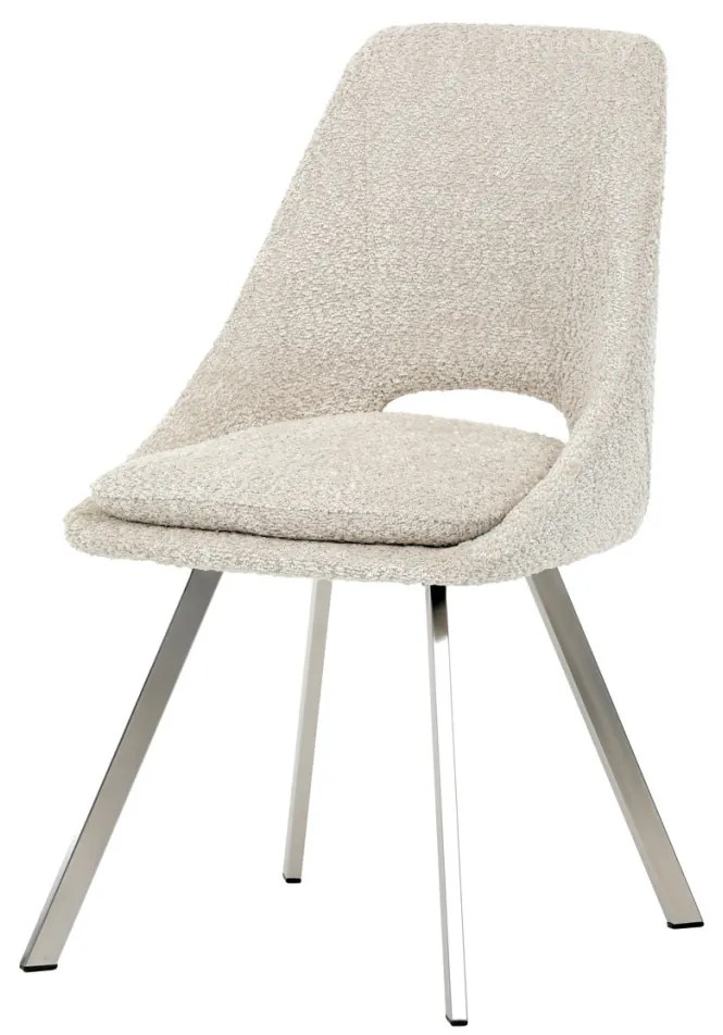 Scaun de sufragerie modern, tapițerie din material crem, picioare metalice, oțel inoxidabil periat.