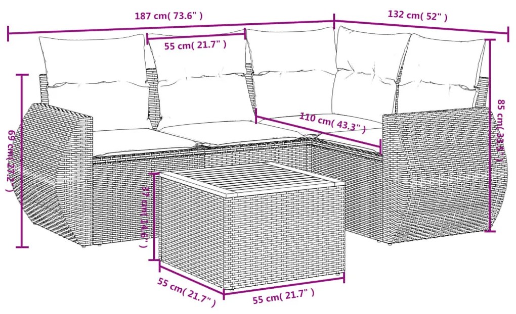 5 részes fekete polyrattan kerti kanapészett párnákkal