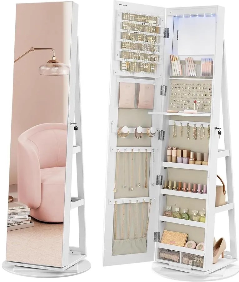 SONGMICS ékszerszekrény, tükrös szekrény 360°-ban forgatható, fehér felülettel és greige