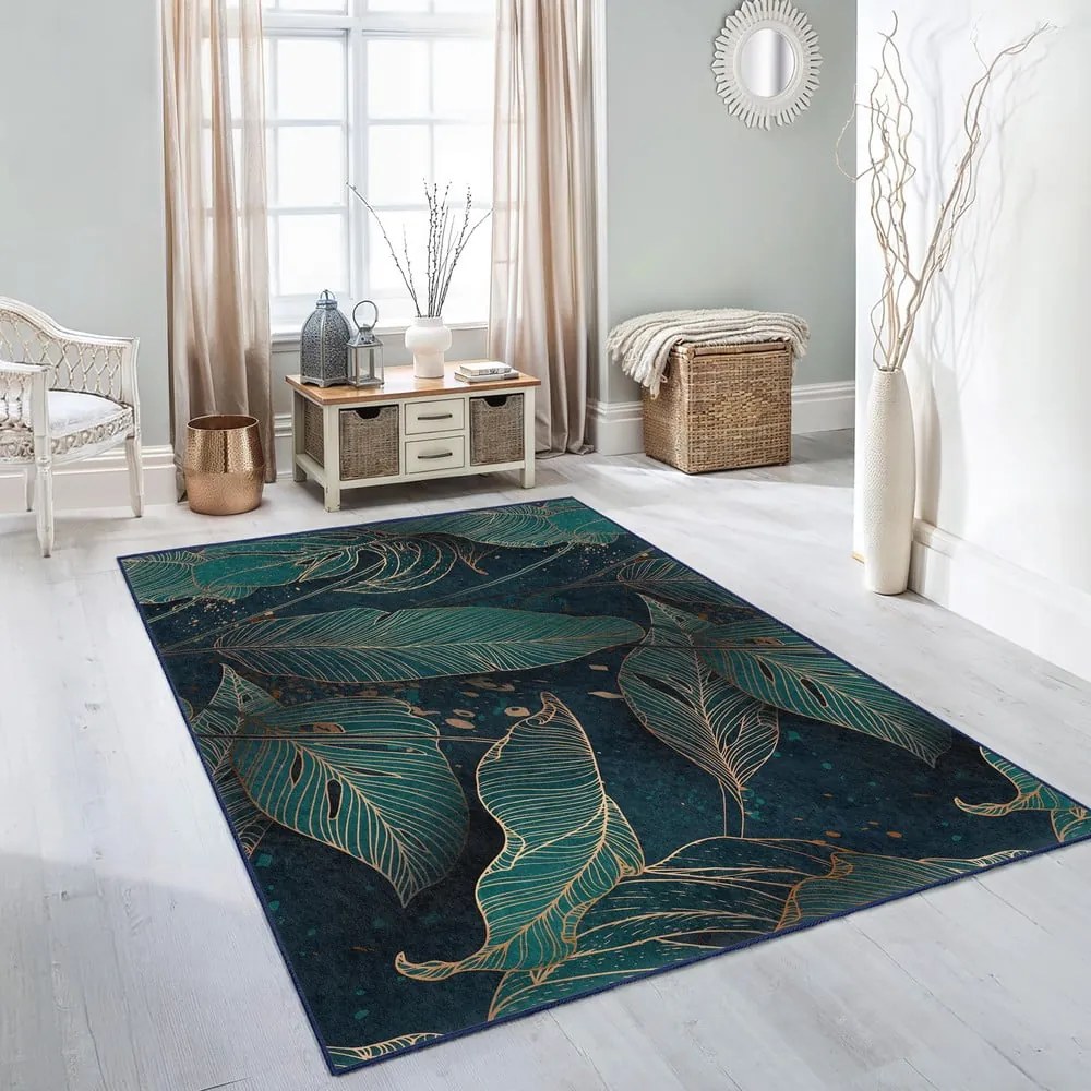 Petróleum színű mosható futószőnyeg 80x200 cm Midnight Jungle – Mila Home