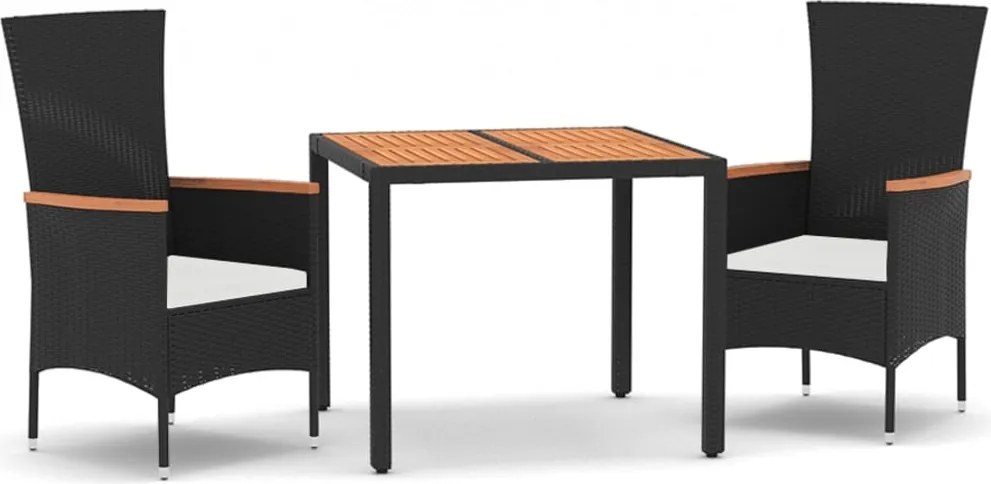 vidaXL 3 részes fekete polyrattan kerti étkezőgarnitúra párnákkal