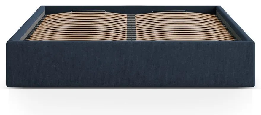 Sötétkék kárpitozott ágyneműtartós-ágytámla nélkül franciaágy ágyráccsal 160x200 cm Susan – Micadoni